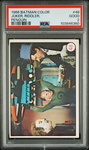 1966 Topps Batman Bat Laffs #48 The Joker, the Riddler and the Penguin — PSA 2