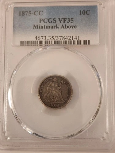 1875-CC Seated Liberty Dime, PCGS VF35, Mintmark Above Bow