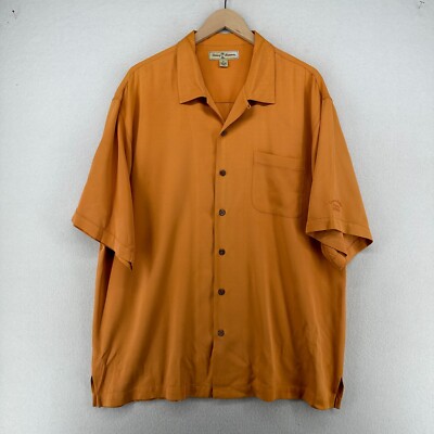 TOMMY BAHAMA Shirt Men XL 100% Silk Cabos 2006 Button Up Camp Loop Collar Orange