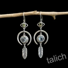 925 Sterling Silver Crescent Moon Feather Drop Earrings with Peridot & Topaz