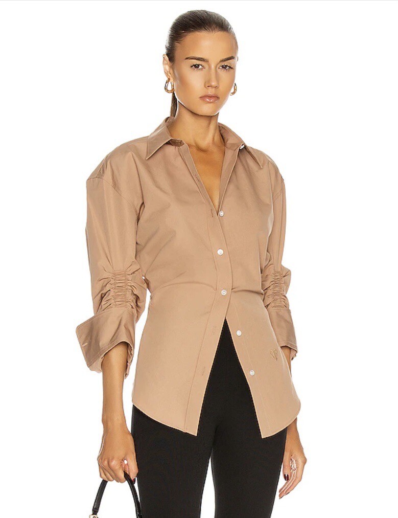 ALEXANDER WANG CINCHED SLEEVE BUTTON DOWN SHIRT, SZ 2 KHAKI NWOT!!
