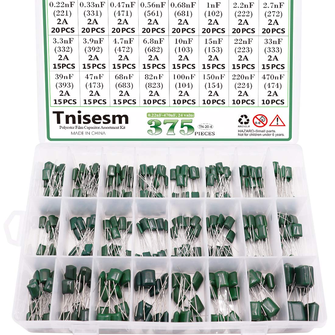 Assortment Kit Tools 375 PCS 24 Value Metalized Mylar Polyester Film Capacitors