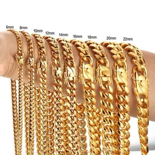 6-22mm All Stainless Steel 18k Gold Plated Miami Cuban Chain Necklace Bracelet