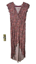 Grecerelle Womens Dress XL Pink Paisley Cap Sleeve Ruffle V Neck Elastic Waist
