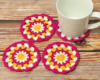 4er Set Handarbeit Häkel Untersetzer - Rosa Becher Teppich - Buntes Rund Deckchen