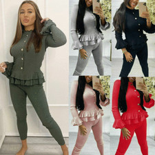 Ruffle Frill Co-Ord Lounge Set Womens Fine Ribbed Ladies Gold Button Top Bottoms