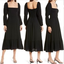 Reformation Mica Dress Midi Black 2 Lantern Sleeve Boho Witchy Goth Bridesmaid