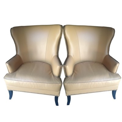 A pair of Elegant MCM  Leather Butterfly Wingback Chairs by Williams-Sonoma