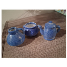 Ceramic Blue Miniature Dollhouse Tea  Coffee Set Teapot Creamer Sugar Bowl