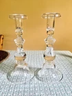 vtg Steuben Glass Clear 9 in Candlestick Holders Pair teardrop bubble stem