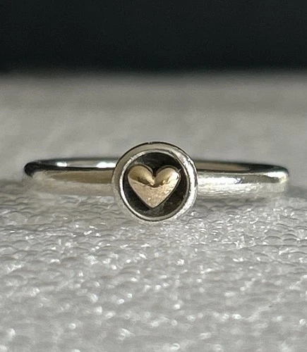 Vintage Pandora 🌟 Heart Gold Ring 🌟 925 ALE & 14kt Gold 🌟 Size 55 🌟 190128