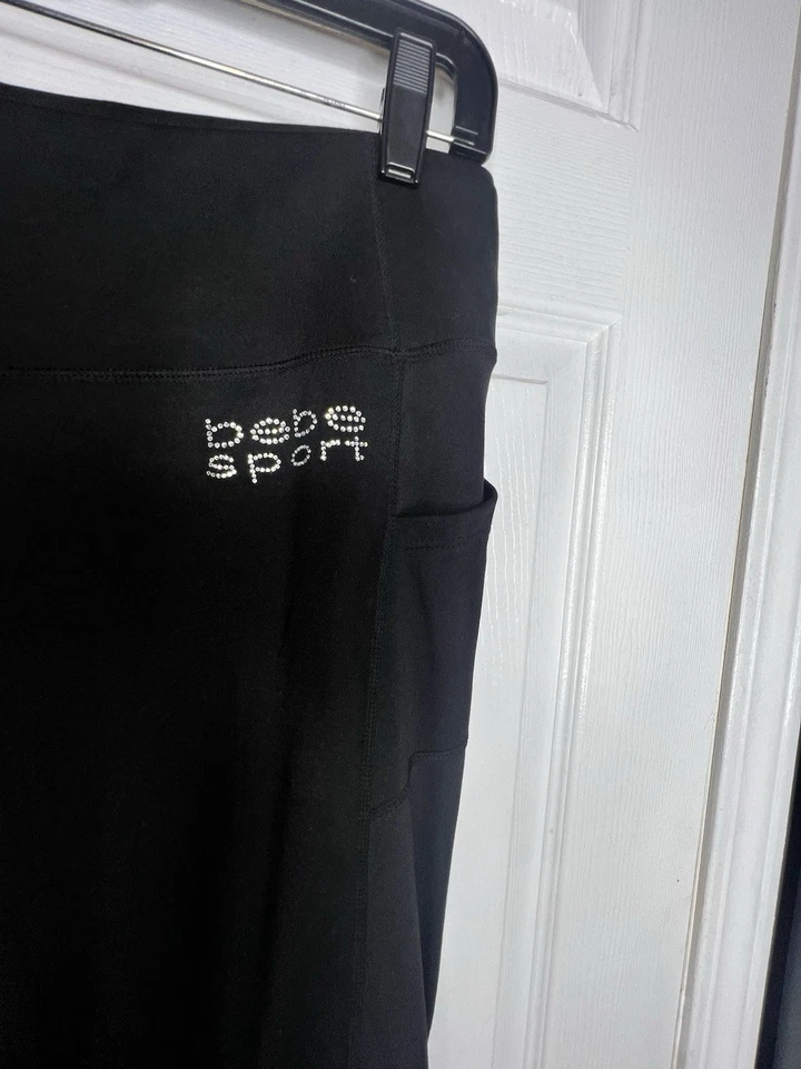 Bebe Sport Mujer’s X Grande Negro Acampanado Leggings Pantalón Estrás Logo XL Y2K Foto 3 de 4