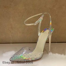 Women's High Heels Pointed Toe Rhinestone Sandals Clear Ankle Strap Shoes Party
