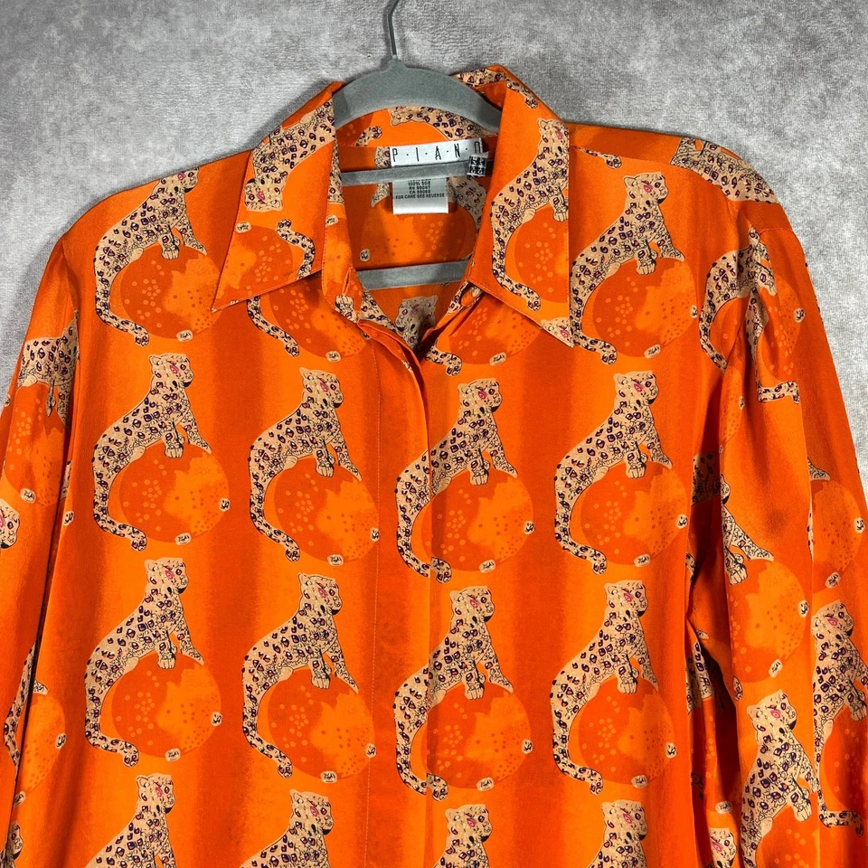 Blusa de piano vintage para mujer mediana naranja estampado de guepardo seda artística dinero antiguo  Foto 2 de 4