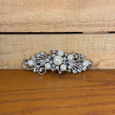 Pearl Rhinestone Bridal hair barrette silver tone floral 4 inch