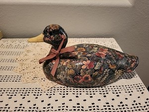 Vintage Decoupage Duck Cottage Floral Hunter Green Figurine 11” 
