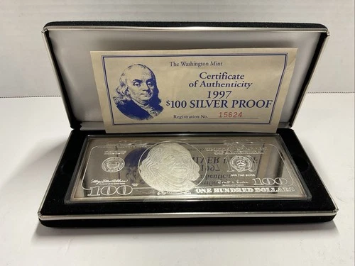 1997 Washington Mint $100 Dollar Silver Proof 4oz Bar With COA and Case