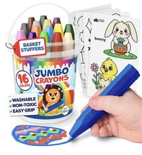 16 Pcs Jumbo Toddler Crayons Easy Grip Non Toxic Washable w/ 10 Coloring Sheets