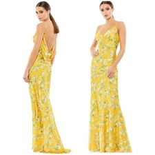 Mac Duggal NWT Cowl Back Floral Print V-Neck Satin Maxi Dress Yellow Size 6
