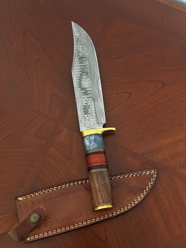 Custom Handmade Damascus Steel Bowie Knife with Leather Sheath Fixed Blade - Picture 3 of 5