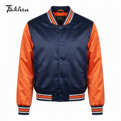 Varsity Bomber Jacket Mens Satin Navy Blue Orange Sleeves Snap Button Letterman