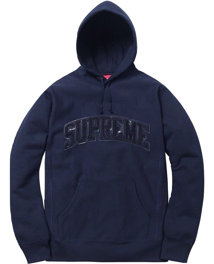 Size L Supreme Patent Leathers Chenille Arc Logo Hooded Sweatshirt Navy