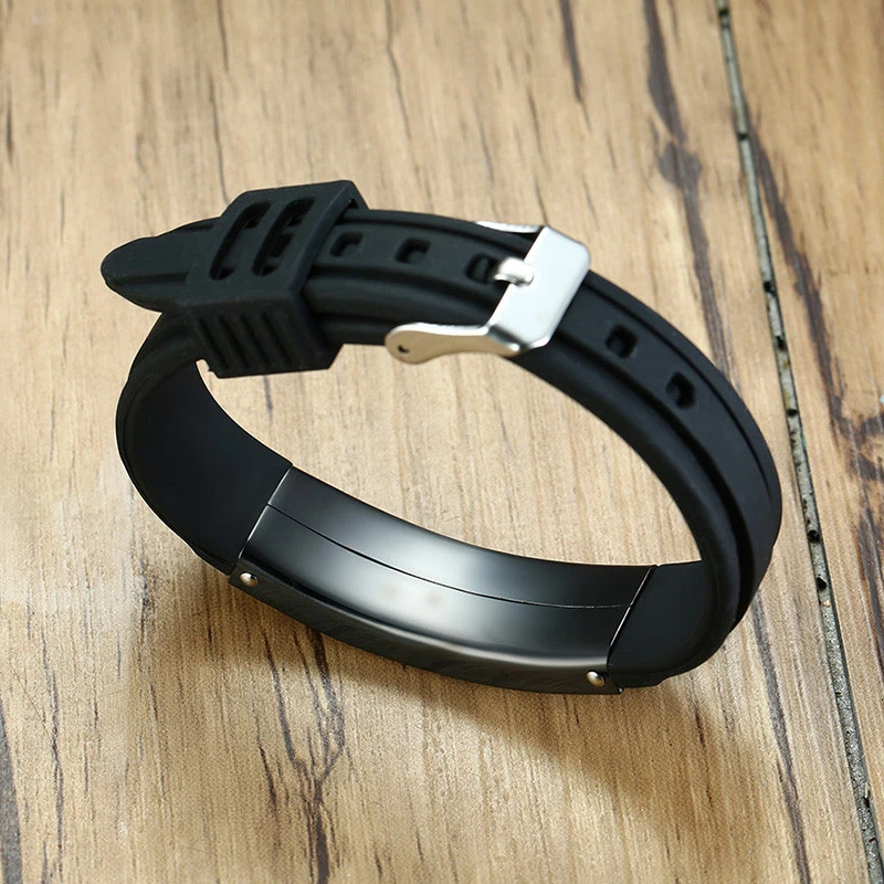 Black Personalized Men's Bracelet Wristband Silicone Band ID Name Free Engraving - Image 4 of 4