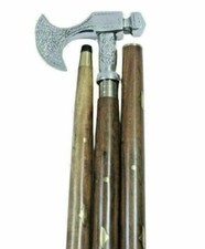 Vintage Brass Axe Handle Stick Antique Wooden Walking Stick Victorian Stick Cane