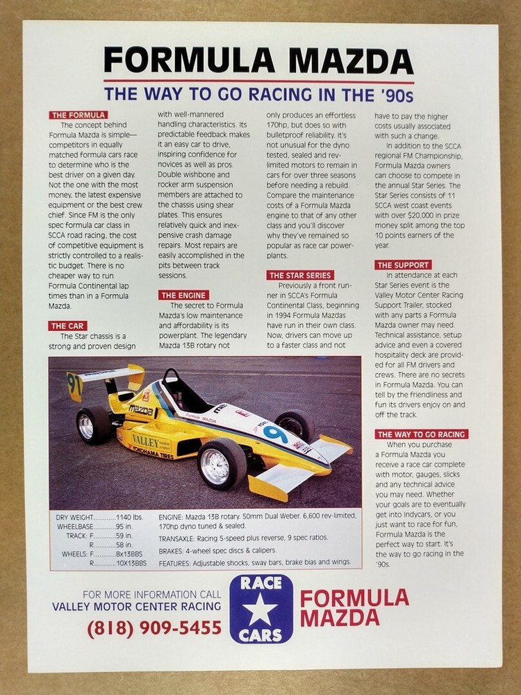 1995 Formula Mazda Race Car vintage print Ad