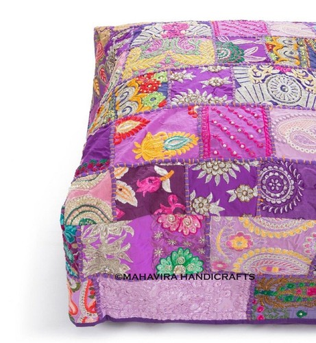 Square Embroidered Cotton Patchwork Vintage Indian Footstool Bohemian Pouf Cover - Picture 5 of 6