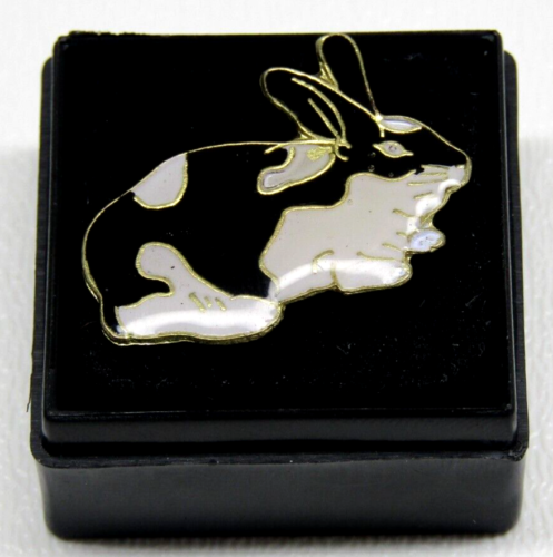 Rabbit Lapel Pin Gold Enameled Black and White Hare Hat Jacket Accessory in Case - Picture 2 of 3