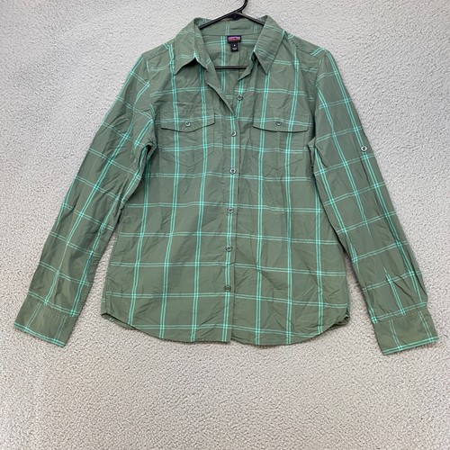 Patagonia Top Damen 8 Langarm bewölkt grün Roll Tab Ärmel Nylon Wandern