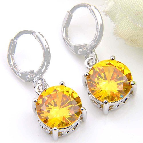 Classical Round Cut Natural Golden Citrine Gemstone Silver Danlge Hook Earrings - Picture 6 of 6