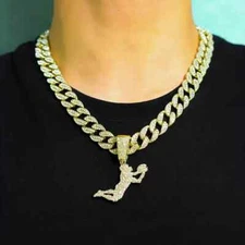 Football Receiver Pendant & 16" ~ 30" Iced Cuban Cubic Zirconia Chain Necklace