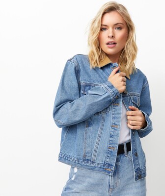 SPORTSGIRL Tan Corduroy Collar Oversized Blue Denim Jacket Size 8 AU