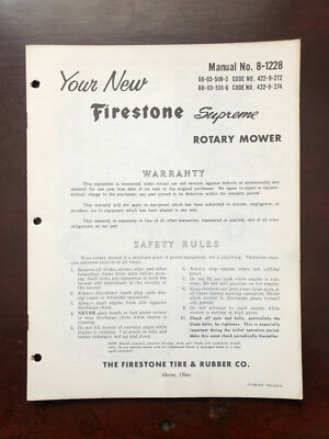 VINTAGE FIRESTONE SUPREME ROTARY MOWER MANUAL NO 8-1228 08-03-508-3 422-9-272