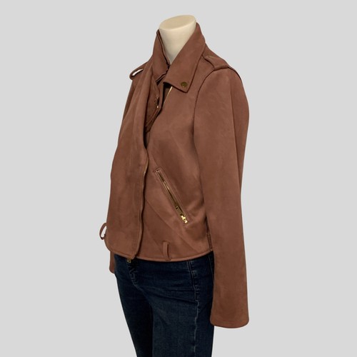 Pink Brown Faux Leather Vegan jacket with gold hardware, Size 14 - Picture 3 of 6