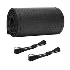 Genuine Leather Steering Wheel Cover, Stitch on Wrap, DIY Full Hole Black