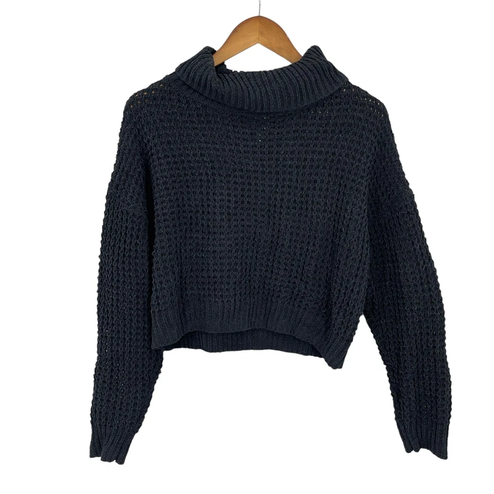 Suéter Whimsigoth Feminino Tamanho M Indie Preto Decote Capuz Crop Chenille Malha Aberta - Imagem 3 de 4