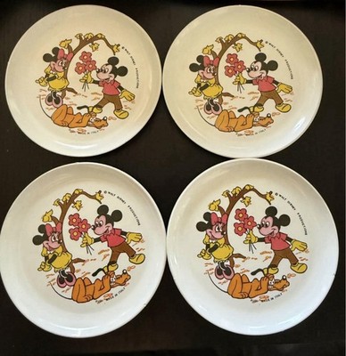 Set of 4- 4  Plastic Mickey Minnie and Pluto Tea Plates. Disney. Vintage