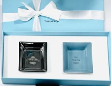 Tiffany & Co 1837 Vide Poche 2 x Small Porcelain Catchall Dishes. Metallic/Tblue