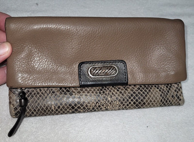 VTG Brighton Leather Faux Snake Skin Python Tan Trifold Fold over Wallet Clutch