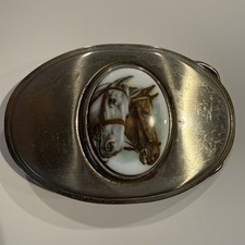 Vintage Horse Belt Buckle Western Cowboy Oval Brass Tone Equestrian