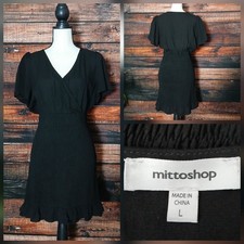 Mittoshop Dress Size L Smocked Skirt Surplice LBD Ruffle Hem Rayon Linen Blend
