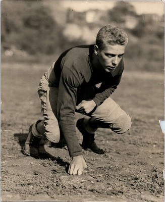 1940s Football Player in Three Point Stance Action Portrait 9x11in Vintage Photo