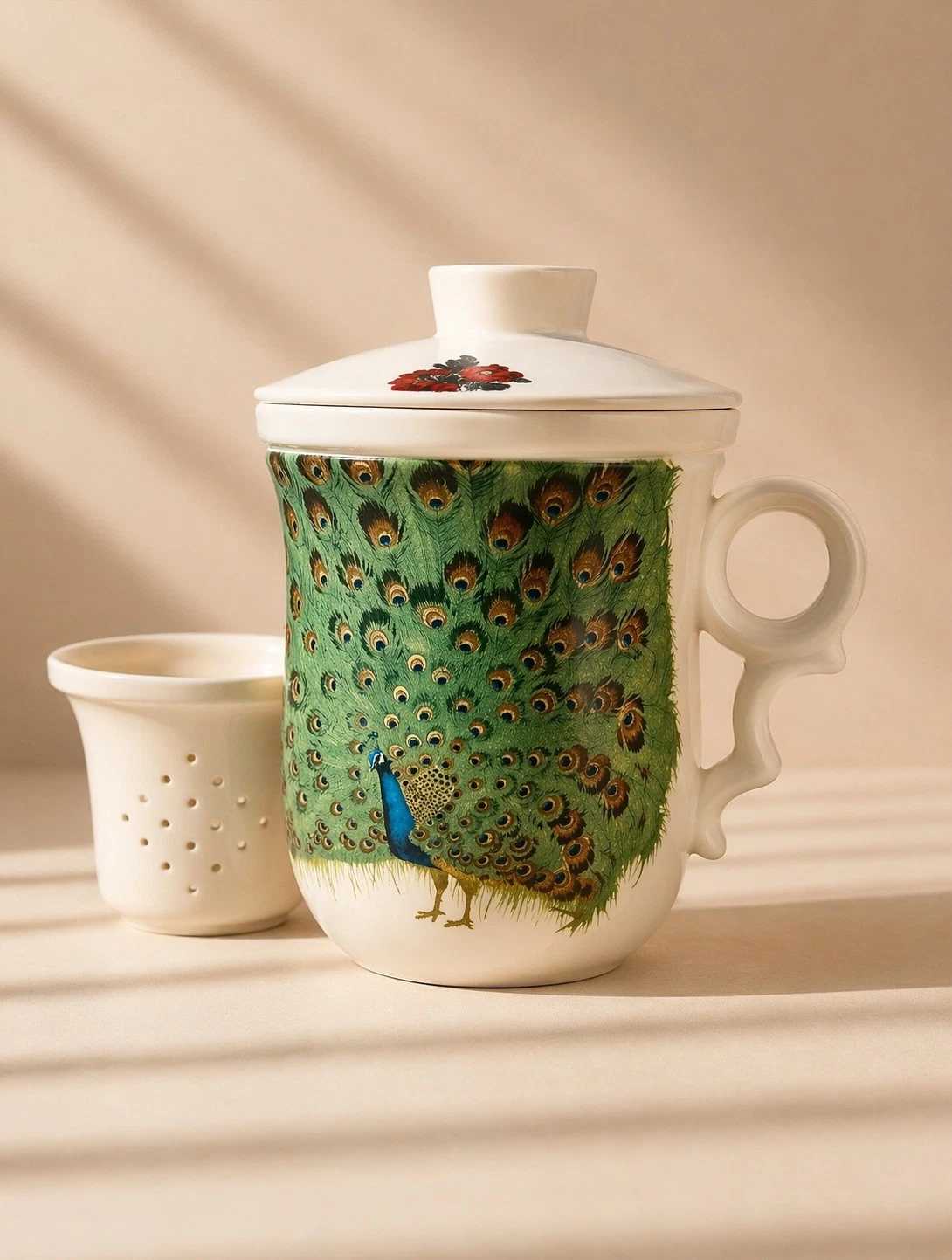Teavana Peacock Floral Bone China Tea Infuser Mug Lid Strainer