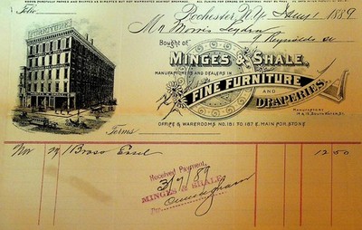Minges & Shale Fine Furniture & Draperies Billhead Rochester NY 1889
