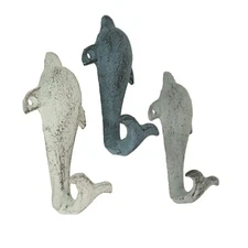 Set of 3 Colorful Coastal Cast Iron Dolphin Decorative Wall Hooks 5 inch