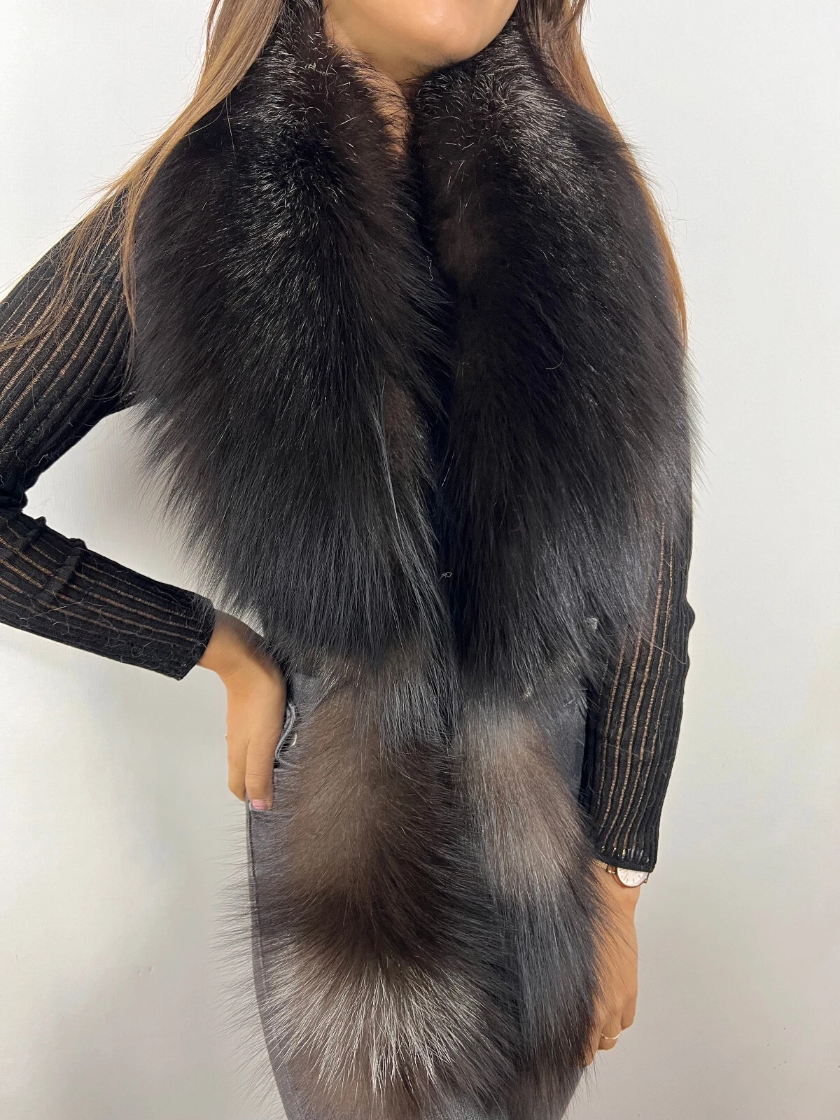 Silver Fox Fur Stole 50'' (130cm) + Tails Black Silver Fur Collar Boa Saga Furs