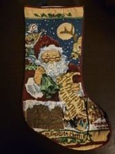 16" Needlepoint Santa Claus On A Roof With List And Reindeer Christmas Stocking